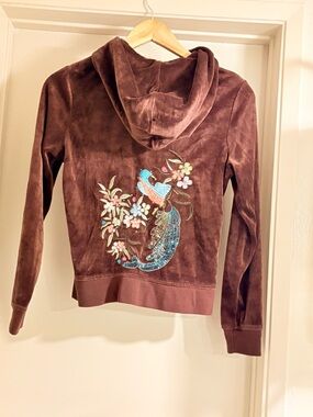 BCBGMaxAzria Brown Velour Hoodie with Embroidered Blue Bird